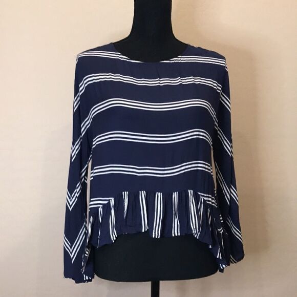 Zara Premium Denim Collection High Low Viscose Navy and White Stripe Top Size S - Picture 3 of 16